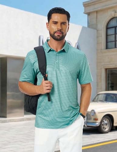 Cotrasen Men's Polo Shirts Quick-Drying Performance Moisture Wicking Breathable Print Golf Shirts for Men Green Stripe S — view 3