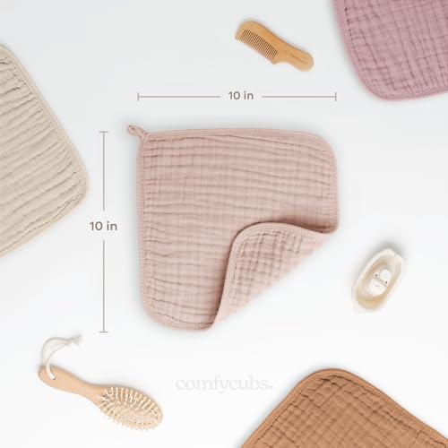 Image of Comfy Cubs Muslin Baby Washcloths 6 Pack - Soft 6-Layer Cotton Wash Cloths for Sensitive Skin - 10 inchx10 inch Large, Gentle, Absorbent Infant Essentials for Newborn and Toddlers - Blush