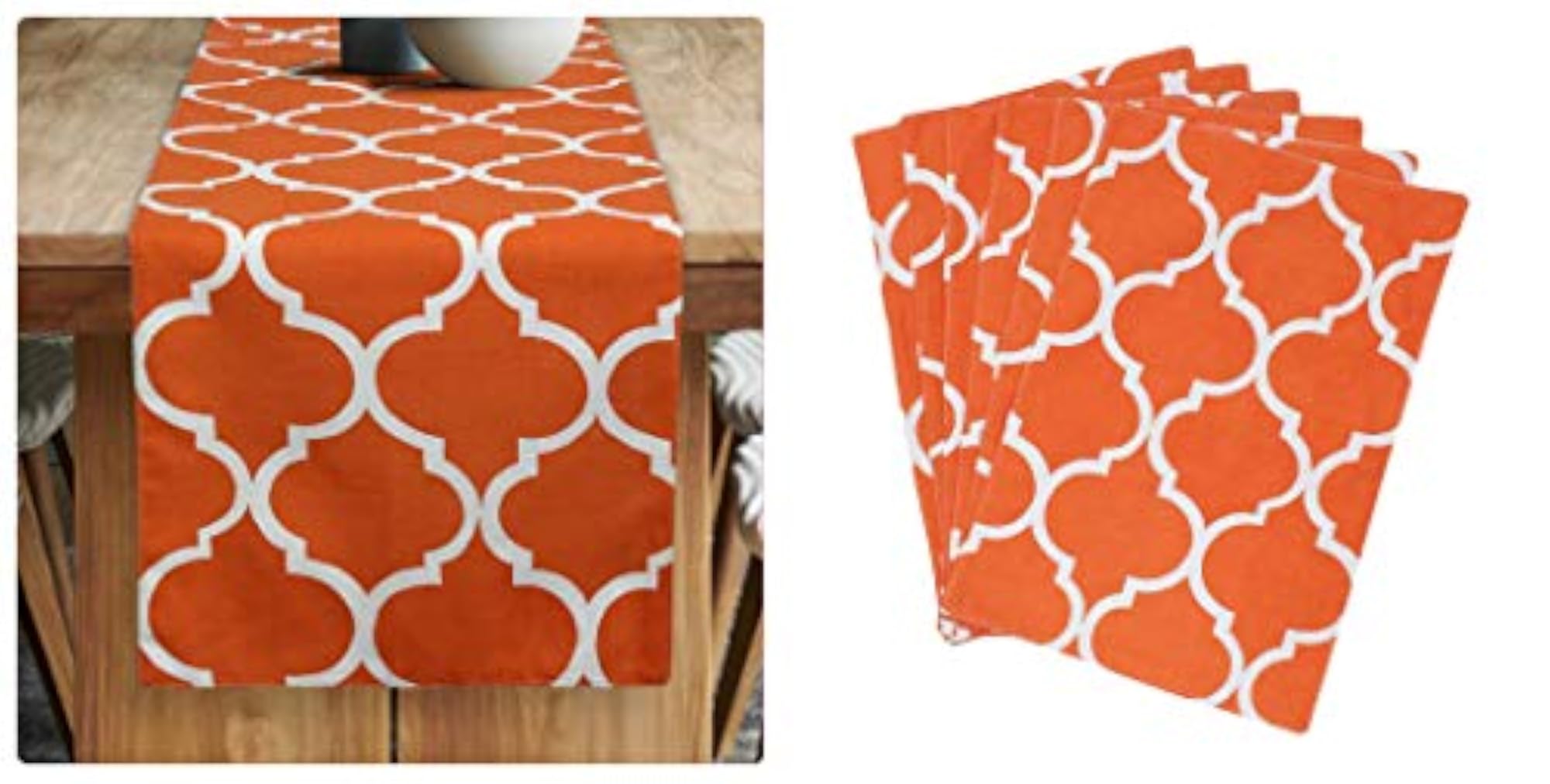 Ogee Printed Orange Table Runner with 8 Pcs Place Mat