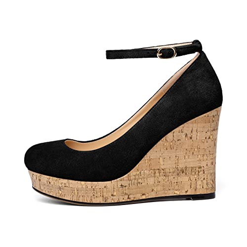 Aumoted Women's Platform High Heels Pumps Wedges Closed Round Toe Buckle Ankle Strap Heels Shoes For Ladies Casual Dress 3.93 Inch High Heeled Suede Black Us Size 10 #TOP1