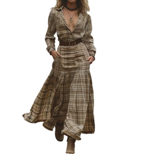 XUSAI Khaki,M,Langes Kariertes Damenkleid Langarm V-Ausschnitt Vintage Country Herbstkleid Western Cowgirl Maxikleid
