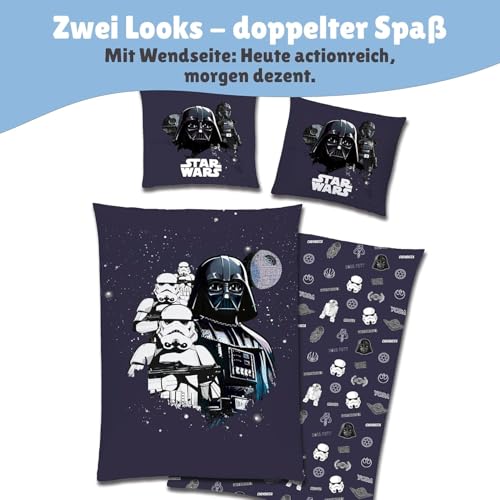 Familando Star Wars Bettwäsche Set (2-teilig) – Decken- & Kissenbezug 135x200 cm & 80x80 cm mit Reißverschluss - 100% Baumwolle Renforcé - mit Wendeseite – Darth Vader, Yoda, Chewbacca, R2-D2 Design