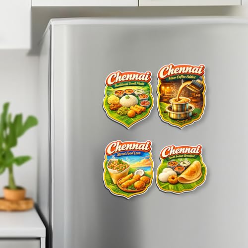 Image of Regalo Casila Chennai Food Tourism Souvenir Wooden Fridge Magnet Set of 4 Traditional Tamil Meals Filter Coffee Street Food South Indian Breakfast Refrigerator Magnets