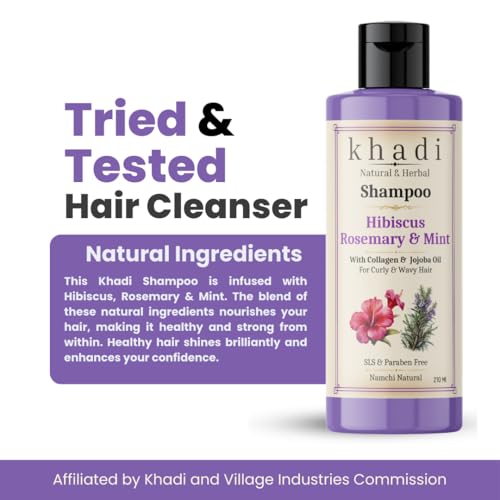 Image of Khadi Hibiscus Rosemary Mint Shampoo with Collagen & Jojoba Oil | Curly & Wavy Hair Care | Khadi Herbal Shampoo for Women & Men | Sulfate, SLS & Paraben Free 120 ml