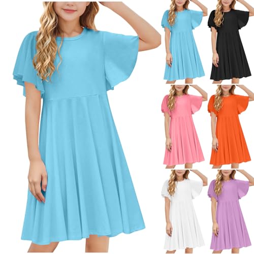Flutter Sleeve Dress for Girls 2025 Summer Casual Crew Neck A-Line Swing Beach Midi Dresses for 4-13 Years2