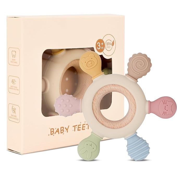 Silicon & Wood Teether for 3+ Months Baby, BPA Free, Beige, Infants-image-32