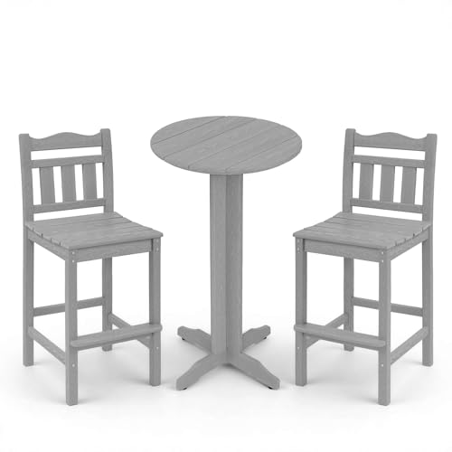 Image of 3-Piece Outdoor Bar Set, HDPE Adirondack Bar Height Chairs Set of 2 and Round Bar Table, All Weather Patio Bar Set Outdoor Bar Stools Set for Balcony, Poolside, Backyard (Slate Grey)