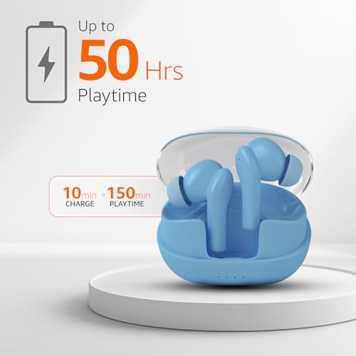 Image of amazon basics TWS in-Ear Earbuds (P50) with Fast Charging up to 50 Hours of Playtime | Dual 10mm Driver | IPX4 Water-Resistance | Bluetooth 5.3 | Quad Mic with ENC | Touch Control (Light Blue)