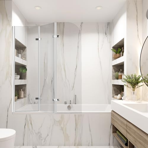 Jayseuw Mampara de ducha para bañera de 120 x 140 cm, 3 piezas, plegable, con cristal templado de seguridad de 6 mm, color plateado transparente