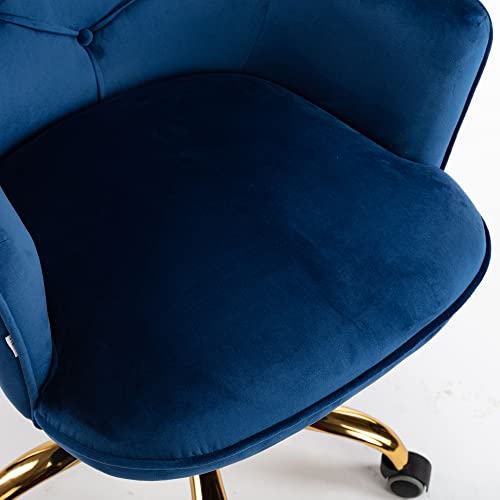 Homsof Velvet Home Office Swivel Accent Armchair Upholstered Mid-Back Desk Chair With Wheels And Metal Base, Navy #TOP3