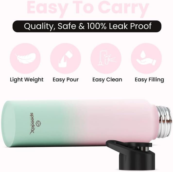 Speedex Stainless Steel Water Bottle 1 Ltr For Kids, Boys, Girls, 1 Litre Bottles for Gym, Sports, Fridge Use, School & Office - 1000ml, Pink Green Colour, Set of 1, Sipper Cap