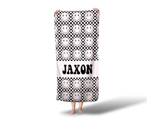 Black Checkered Smiley Face Custom Name Towel Personalized Beach Towel Boys Name Pool Towel