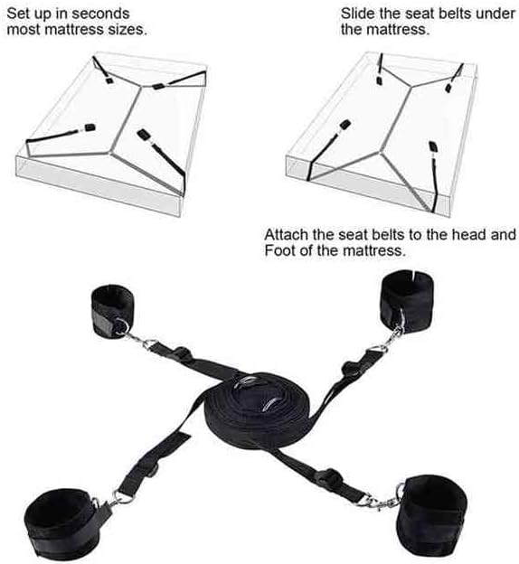 Vista 3 de BDSM - Kit sexual de restricciones para parejas, tamaño King, restricciones de cama para tobillo y muñeca, correas de amarre sexual debajo