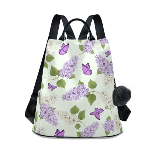 Sac à dos femme fleurs et papillons lilas en polyester avec compartiments