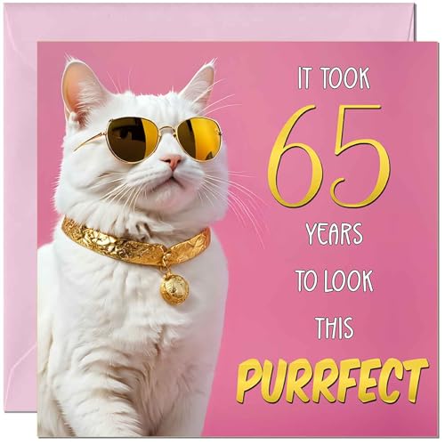 65th Cat Birthday Card for Women - Purrfect Birthday - Funny Cat Birthday Card for 65 Year old woman Ladies Sixty Five, Sixty Fifth Nan Grandma Mum Aunt Sister Mum Friend Kitty Kitten