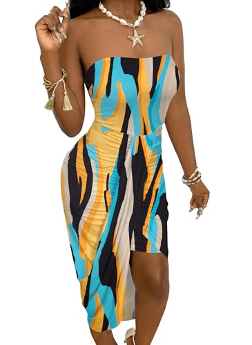 Image of Umenlele Women's Strapless Ruched High Waist Wrap Split Asymmetrical Beach Maxi Long Dress