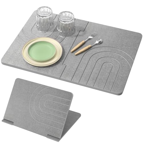 Luxspire Large Stone Drying Mat for Kitchen Counter 61×40 cm- Fast-Absorbing Dish Drying Mat Non-Slip Drying Pad for Dishes, Utensils, Cups Waterproof Counter Protector for Kitchen Bathroom, Dark Gray