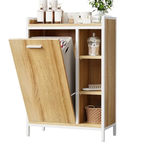 ELUCHANG Meuble de Salle de Bain, Panier à Linge 50L, Placard de Rangement, 2 en 1,avec Sac Intérieur Amovible,Étagère Réglable,pour Salle de Bain,...