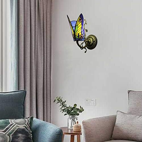 LITFAD Butterfly LED Wall Lamp Tiffany Style Wall Sconce Lighting Decorative Wall Mount Light Stained Glass in Antique Brass for Children Room Dining Room Restaurant Hotel - Yellow