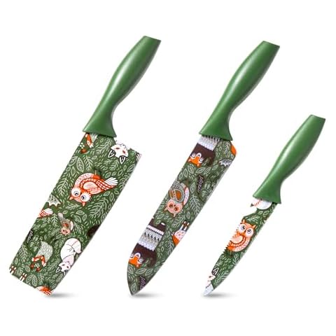 TJ POP Colorful Knife Set, 3Pcs Kitchen Knife Set, Color-Coded Coated Stainless Steel Kitchen Knives, Professional Kitchen Cutlery Set, Green Cover