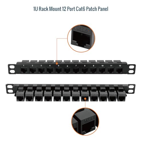 Tecmojo 12-Port Cat6 Patch Panel, 0.5U Rack Mount Modular Panel with Keystone Coupler, for 10\" Server Rack & Network Cabinet, Gigabit Ethernet, Black