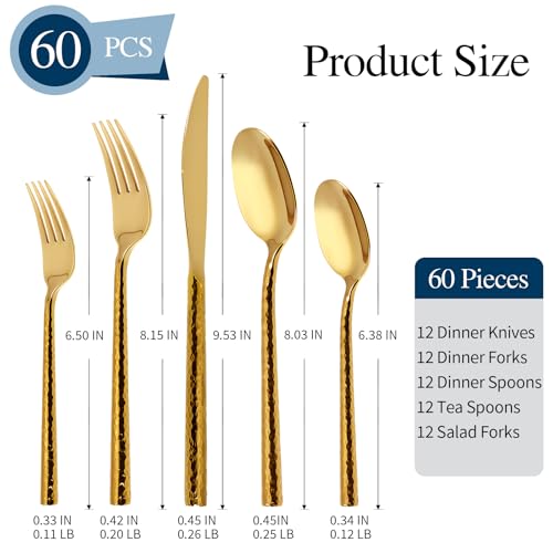 SILWELL Gold Silverware 18/10 Stainless Steel 60-Piece Mirror Polsihing Flatware Round Hammered Cutlery Set Service for 12 by SILWELL - Image 2