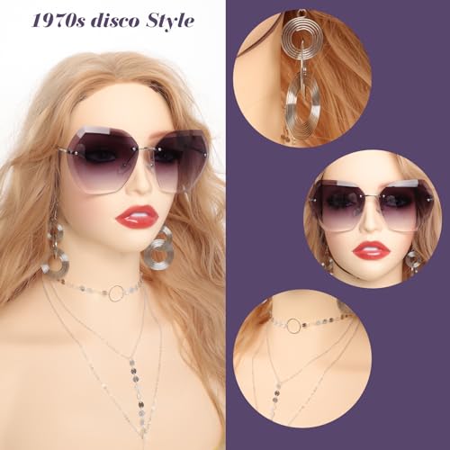 4 Piece 70s Disco Accessories for Party Halloween Cosplay 70s Disco Costume Accessory Set for Women with Luxuriant Coil Bracelet Disco Sunglasses Triple-layered Choker and Silver Disco Earrings