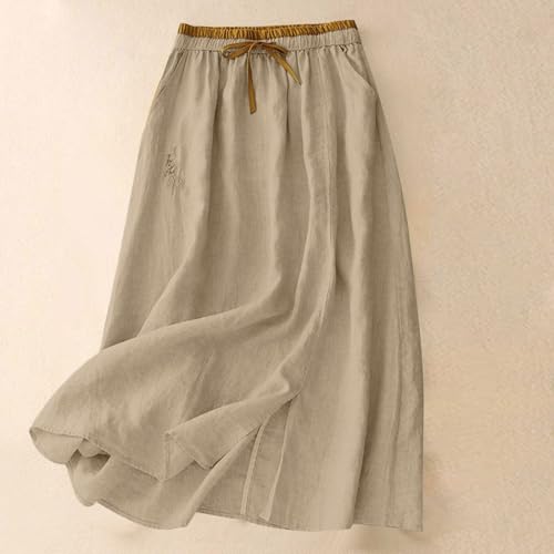 Women's Cotton Linen Midi Long Skirt with Pockets Embroidery Floral Casual Flowy Swing Skirts for Casual Loungewear2