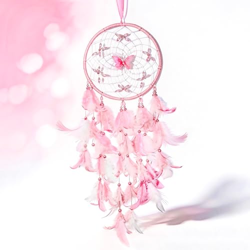 Litobiterr Dream Catcher for Girls Butterfly Center Pink & White Mixed Feathers & Clear Beads Pink Decor for Bedroom Comes with a Decorative Box & White Raffia