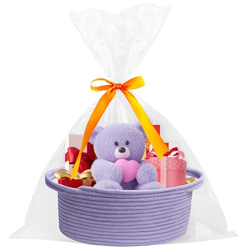 Image of Pro Goleem Small Woven Basket with Gift Bags and Ribbons Durable Baskets for Gifts Empty Small Rope Basket for Storage 12 inchX 8 inch X 5 inch Baby Toy Basket with Handles, purple