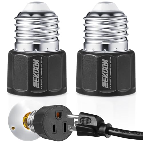 Feekoon 2 Pack E26- E27 3 Prong Light Bulb Socket Adapter, Polarized Light Socket Outlet, Lights Sockets to Plug Adapter Sockets Converter, Lights Bulb Plug Adapters for Patio, Garage, Porch (Black)