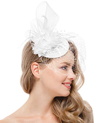 Zivyes White Fascinators Hat For Women Tea Party Headband Derby Wedding Flower Mesh Veil Fascinator #TOP1