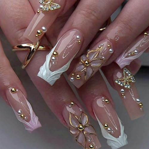 octoswave Medium Square Press on Nails with 3D Butterfly and Floral Designs, Acrylic French Fake Nails with Pearls Embellishments for Women and Girls Party Holiday Vacations, 24 Pcs