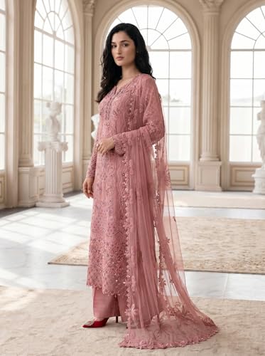 Image of RUDRAPRAYAG Faux Georgette Fabric With Heavy Embroidered Sequence With Khatli Work Semi Stitched V-Neck Salwar Suit Sharara With Dupatta For Women