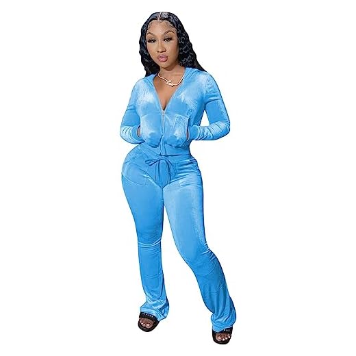 Womens Velour Jogger Tracksuit Two Piece Outfits for Women, Long Sleeve Hooded Zip Up Crop Tops Jacket Flared Pants Matching Set Sportswear Jogging Sweatsuit with Pockets