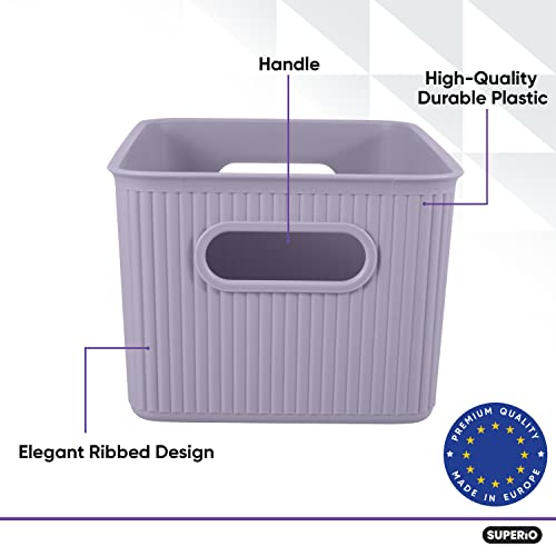 Superio Ribbed Collection - Decorative Plastic Lidded Home Storage Bins Organizer Baskets, Medium Lilac Purple (2 Pack - 5 Liter) Stackable Container Box, For Organizing Closet Shelves Drawer Shelf #TOP4