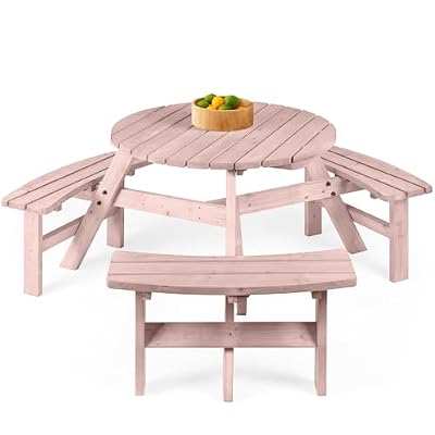 Best Choice Products 6-Person Circular Outdoor Wooden Picnic Table for Patio, Backyard, Garden, DIY w/ 3 Built-in Benches, 500lb Capacity - Rose Quartz