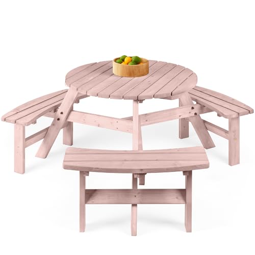 Best Choice Products 6-Person Circular Outdoor Wooden Picnic Table for Patio Backyard Garden DIY w/ 3 Built-in Benches 500lb Capacity - Rose Quartz
