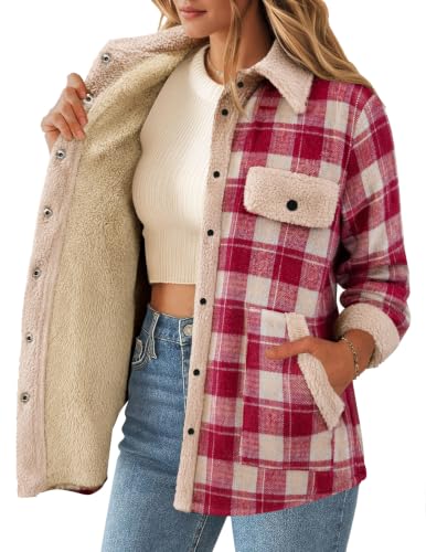 Zeagoo Flannel Jacket Women Fleece Jacket Fall Fashion 2026 Plaid Shacket for Women Snap Button Down Shirt Winter Coat S