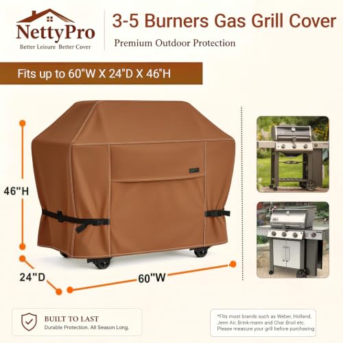 NettyPro Grill Cover for Outdoor Grill 60 inch Waterproof Heavy Duty Gas BBQ Cover for Outside Weber, Char-Broil, Brinkmann, Jenn Air, Nexgrill 3-4 Burners Barbecue, Brown by NettyPro - Used condition - Image 6
