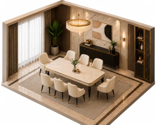 Image of 8 Seater Dining Table Set with Nano Composite Marble Top, Solid Wood Base & 8 Upholstered Chairs, Modern Dining Table Set for Home & Dining Room Furniture