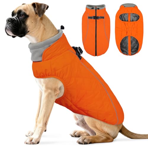 QBLEEV Dog Coat for Large Dogs, Winter Warm Fleece Vest, Waterproof & Windproof with Adjustable Fit, Built-in Harness, Reflective Trim & Zip-Up for Safe Cozy Walks — Orange, XL, for Pitbull, Boxer