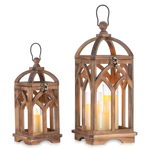 Laterne Holz Groß Landhausstil Deko – Romadedi 30/40cm Rustikale Landhaus Kerzen Laterne Braun, Windlicht Vintage für Weihnachten Balkon Garten Hochzeit Tischdeko Innen, Set of 2