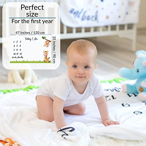 Baby Monthly Milestone Blanket | for Boy or Girl, Unisex | Month Blanket Baby for Pictures | Jungle Safari, Giraffe & Monkey Theme | Personalized Shower Gifts New Moms | Track Age & Growth