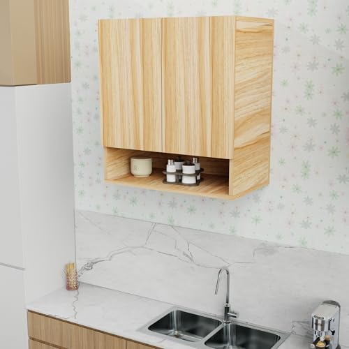 Image of 2 Door Multipurpose Wall Mounted Cabinet with Adjustable & Fixed Shelf | Storage for Kitchen, Bathroom, Office & Living Room | Assembly-DIY | Color-Asian Light | Size-60x33x63.8 Cm