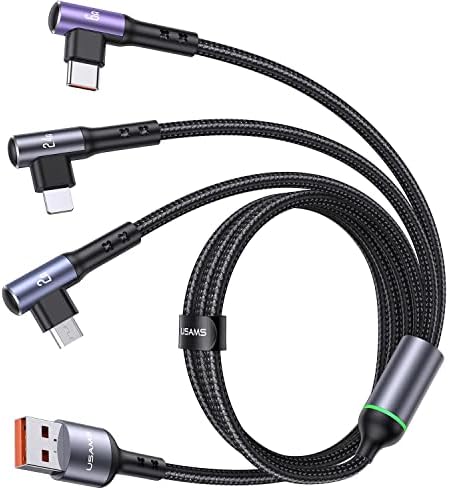 66 W Multi USB Cable, 3 in 1 Multi Charging Cable Fast Charging Cable 1.2 m with iP/Micro/USB Type C, 90 Degree Nylon Multiple Universal Charging Cable, for iP, Samsung, Huawei, Xiaomi, Laptop Tablet