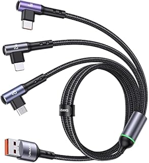 66 W Multi USB Cable, 3 in 1 Multi Charging Cable Fast Charging Cable 1.2 m with iP/Micro/USB Type C, 90 Degree Nylon Multiple Universal Charging Cable, for iP, Samsung, Huawei, Xiaomi, Laptop Tablet