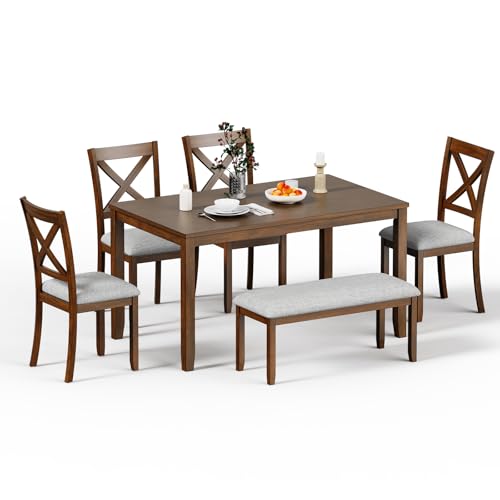 Zevemomo 6-Piece Solid Wood Dining Table Set, Including 1 Dining Table, 4 Upholstered Chairs and 1 Bench, Wooden Dining Table Set for Kitchen, Dining Room, Walnut