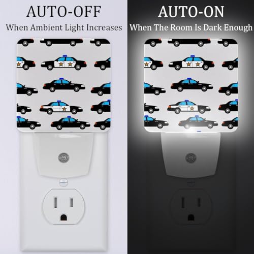 Image of NEWzone Police Car Night Light Set of 2, Auto Sensor LED Dusk-to-Dawn Nightlights, Plug-in Sensor Lamp for Bedroom Bathroom Kitchen Hallway Stairs Decorative
