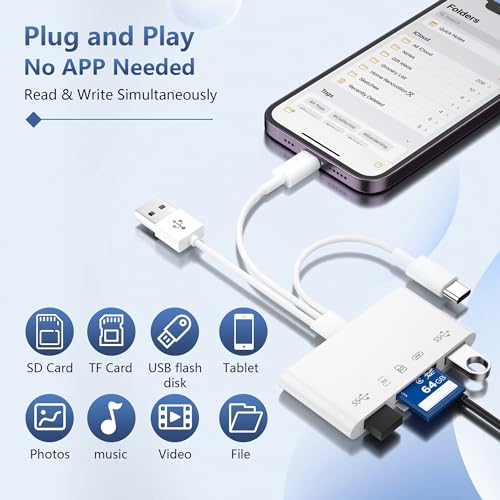 SD Card Reader for iPhone iPad Camera - 5 in 3 Digital Camera Adapter with SD/TF/Micro SD Card+2*USB Adapter+USB C Audio Adapter, Memory Card Reader for PC/Android/Lightning Device, Plug and Play - Thumbnail 3